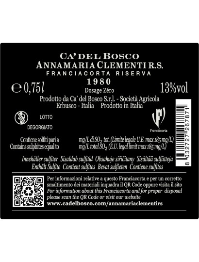 FRANCIACORTA DOCG DOSAGE ZERO ANNAMARIA CLEMENTI RS 1980  0.75 L- Ca Del Bosco